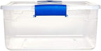 HOMZ 4-Pack 15.5 Quart Latching Lid, Clear Plastic Storage Organizer Bins, Blue – Stackable Containers for Home & Office Shelves, Kitchen, Garage, and Bathroom Organization