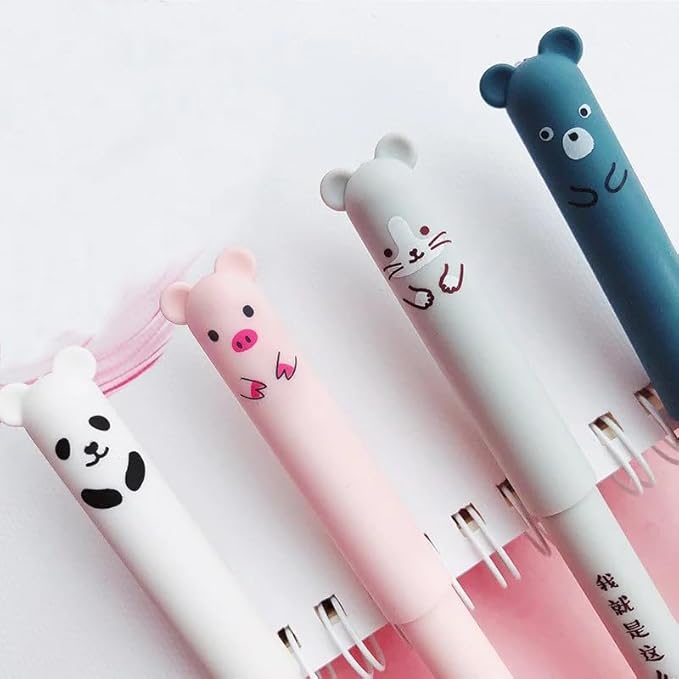 Piaogui 6pcs 0.5mm Erasable Gel Pens,Kawaii Cute Bear Pig Erasable Gel Pen Set Kawaii Pens Back to School Stationery Supplies for Writing Noting Journaling Kids Gifts (Blue-6 Pcs)
