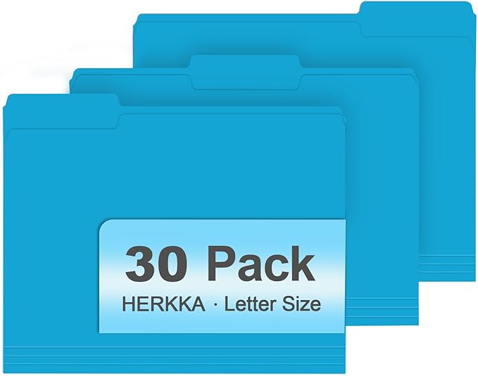 File Folder, HERKKA 30 Pack 1/3 Cut Tab File Folders, File Folders Great for Organizing and Filing, Letter Size, Light Blue