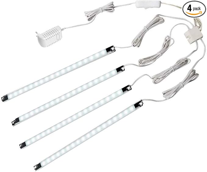 LED Display Lights, (4) Strip Light Bars for Display Case Shelf Showcase Bookshelf Kitchen Workbench, Plug-in Under Cabinet Lighting - (6000K, Cool White)