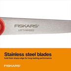 Fiskars All-Purpose Left-Handed Scissors, Gifts for Mom, Ergonomically Contoured, Stainless Steel, 8", Red