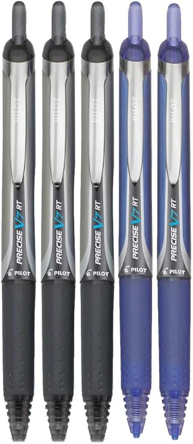 Precise V7 RT Retractable Rolling Ball Pens, Fine Point (.7mm), Assorted Colors Black/Blue Ink, 5-pk; Premium Comfort Grip, Bundle with Plastic Reusable Pouch
