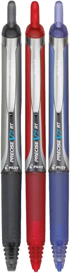 Precise V7 RT Retractable Rolling Ball Pens, Fine Point (.7mm), Assorted Colors Black/Blue/Red Ink, 3-pk; Premium Comfort Grip, Bundle with Plastic Reusable Pouch