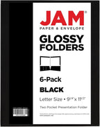 JAM PAPER Laminated Two Pocket Glossy School Folders - Letter Size - High Gloss Black - 6/Pack