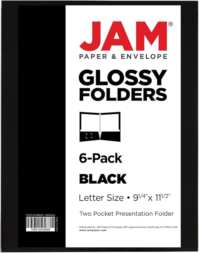 JAM PAPER Laminated Two Pocket Glossy School Folders - Letter Size - High Gloss Black - 6/Pack