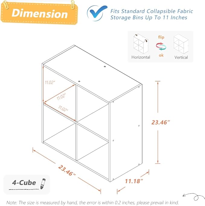 NELYE 4 Cube Organizer Bookcase - Fabric Storage Bins Container, Open Shelf Simple Compartments Bookshelf, White