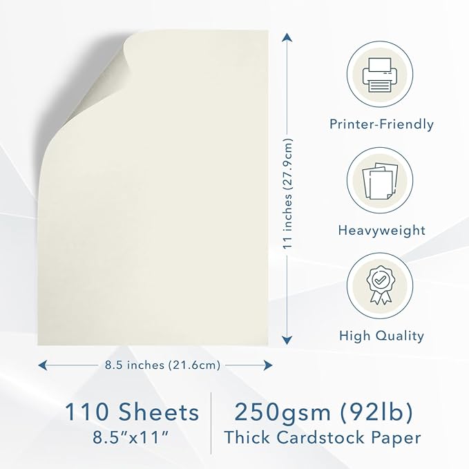 MOS Off-White Cardstock Paper 8.5 x 11 Inch (110 Sheets) — Heavyweight Cream Card Stock for Invitations, Menus, Certificates, Crafting, Business, Printer Compatible