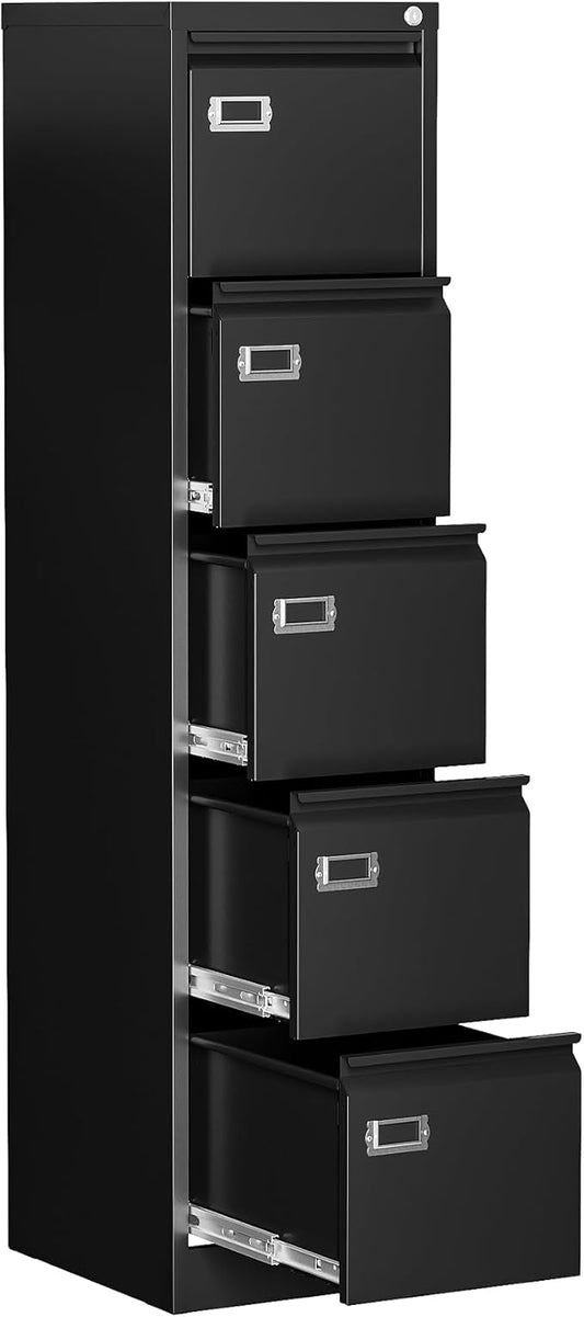 5 Drawer File Cabinet, Filing Cabinets for Home Office, Vertical File Cabinet with Lock, 61.6" H Locking File Cabinet for A4 Legal/Letter, Assembly Required (Black)