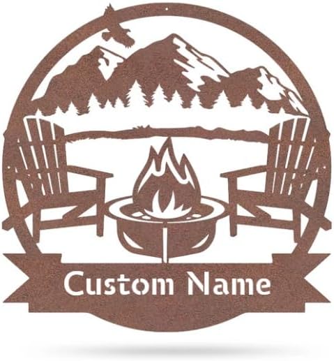 RealSteel Personalized Mountain Campfire Monogram Metal Sign – Custom Family Name Rustic Wall Art for Cabin, Campground, RV & Backyard Fire Pit – Outdoor Camping Décor – Unique Personalized Gift – USA