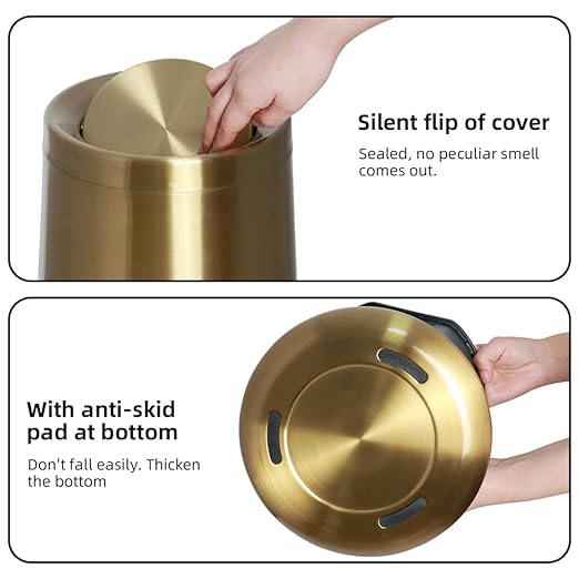 10 L/3 Gallen,Gold Small Trash Can for Bathroom,Brushed Stainless Steel Garbage Can with Flipping Lid,for Bathroom,Living Room,Bedroom,Hotel,Conference Room(Gold)