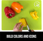 GORILLA GRIP 100% BPA-Free Flexible Cutting Board Set of 4, Durable Plastic Mats with Food Icons for Meal Prepping, Large Kitchen Chopping Mat, Use for Meat Fish Vegetables Fruit, 15x12, Multicolor