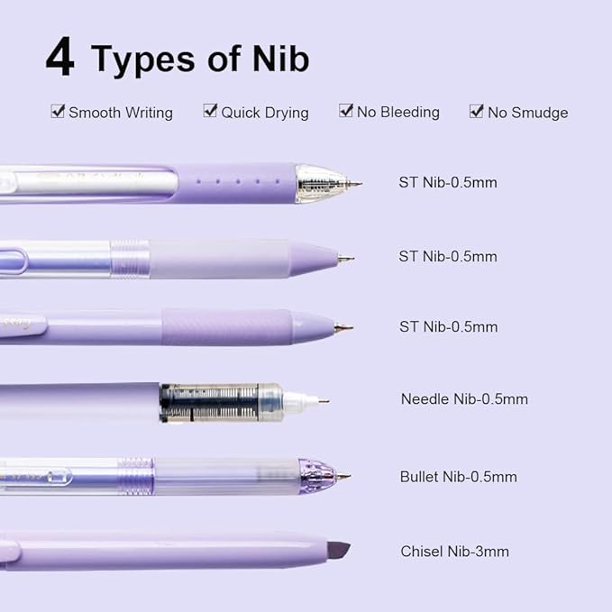6 Count Pastel Gel Ink Pen Set,Cute Note Taking 0.5mm Fine Point Retractable 5 Count Black Ink Pens with 1 Count Highlighter for Writing, Journaling, School, Office (Purple)