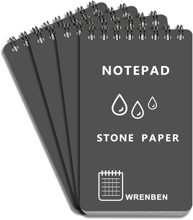 4 Pack Weatherproof Spiral Notepads A7 Waterproof Stone Paper Pocket Notebooks, Grid Pattern, Hard Cover with IN & CM Scales, Small All Weather Steno Pads for Travel, Field (3" x 5", Grey)