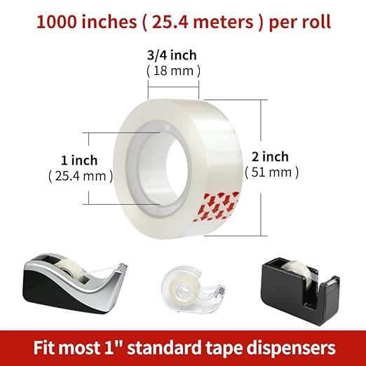 6 Rolls Transparent Tape Refills, Clear Tape, Hand Tearable, 3/4 x 1000 Inches, Glossy Gift Wrapping Tape for Dispenser, Office, School, Home