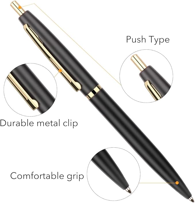 Unibene 6 Pack Black & Gold Click Ballpoint Pens -1.0mm Medium Point Black Ink with 6 Stainless Steel Refills for Business Office Students Teachers Wedding Christmas