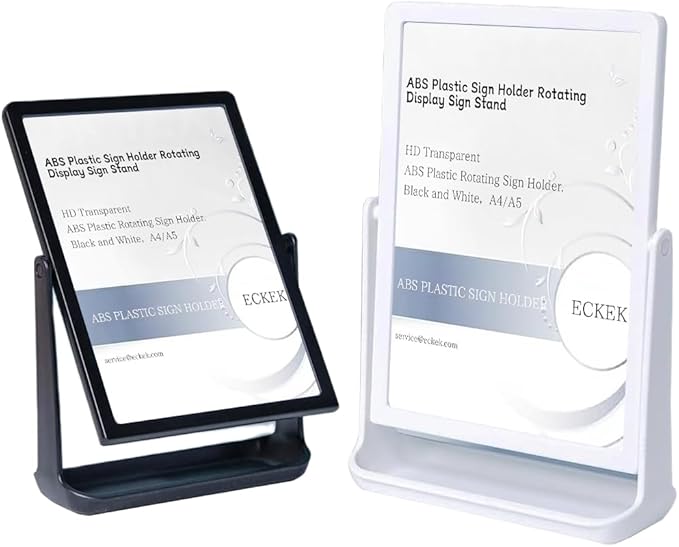 ECKEK ABS Plastic Sign Holder, Menu Displays T Shape Sign Stand, Rotating Display Stand for Ads, Menu, Photos, Business Card (White A5 148×210mm/ 5.83×8.27 inches)