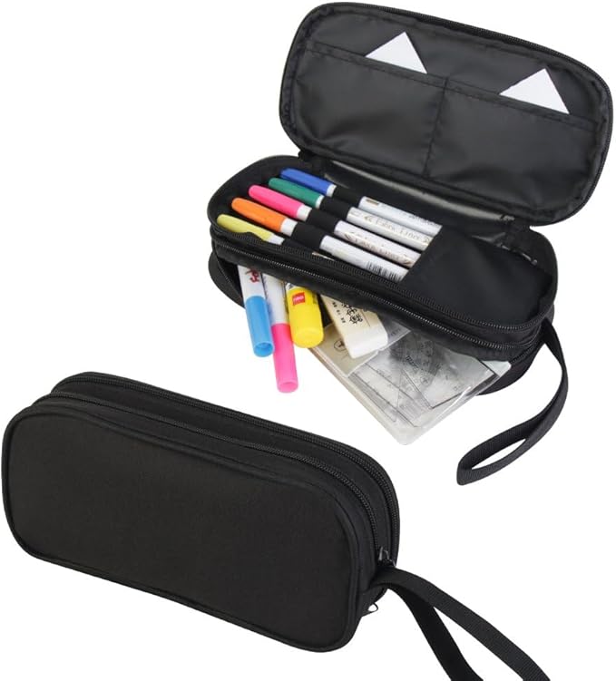 HiMagics Children's Pencil Case, Large Zipper Pencil Pouch for Boys with Two Compartments Boys Pen Pouch for School Dog Pencil Bag, Black