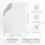 MOS White Legal Cardstock Paper 8.5 x 14 Inch (60 Sheets) — Heavyweight 250 GSM Cover Stock for Certificates, Menus, Legal Documents, Crafts, Printer Compatible