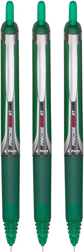 Precise V5 RT Retractable Rolling Ball Pens, Extra Fine Point (.5mm), Green Ink, 3-pk; Premium Comfort Grip, Bundle with Plastic Reusable Pouch