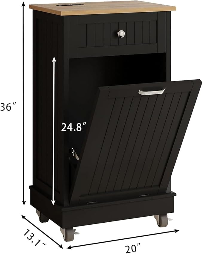 10 Gallon Tilt Out Trash Cabinet, Wooden Kitchen Trash Can Cabinet with Hideaway Drawer, Freestanding Laundry Hamper Garbage Recycling Cabinet on Wheels, Pet Proof, Single, Black