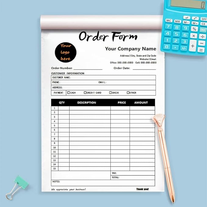 Custom Carbonless Sales Invoice Form Books for Small Business, Personalized NCR 2-Part Receipt Book with Carbon Copies, Cover Add Company Name, Address and Number Printed