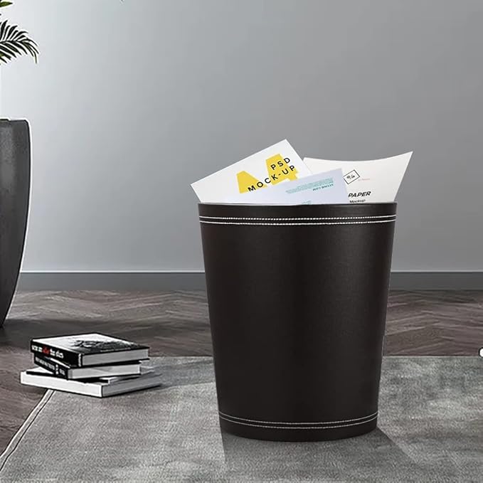 KINGFOM Classic Pu Leather Trash Can Wastebasket, Small Garbage Container Can for Bathrooms, Powder Rooms, Kitchens, Home, Office and and High Class Hotel Round Black