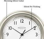 Presentime & Co. 8.5" Modern Farmhouse Essential Wall Clock, Silent Non Ticking, Morning Silver Color. (Wall Clock for Office, Home, Bathroom, Kitchen, Bedroom, and School)