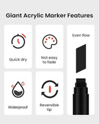 BIGTHUMB Black Poster Markers Jumbo: 5 Pcs 15mm Wide Tip Thick Acrylic Paint Pen Large Permanent Calligraphy Markers for Rock Painting, Stone, Poster, Canvas, Glass, Wood, Ceramic