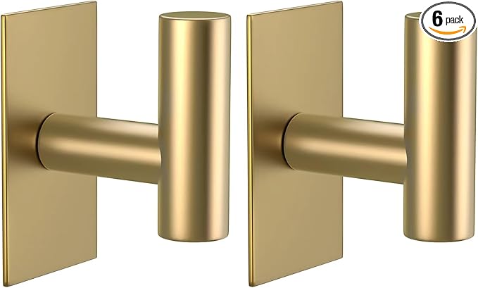 VAEHOLD Wall Towel Hooks, Heavy Duty Sticky Holder Waterproof Towel Hooks for Hanging Coat, Clothes, Closet Hook Wall Mount for Kitchen (Gold, 2 Pack)