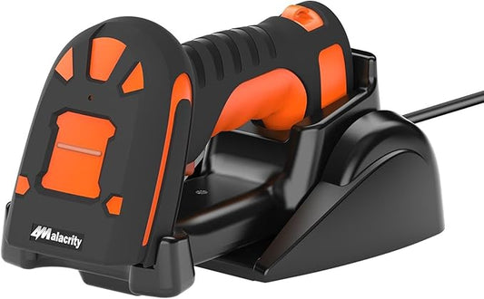 Alacrity Upgraded 2D Industrial Barcode Scanner with Wireless Charging Stand, 1968 Feet Transmission Distance 433Mhz Wireless & Bluetooth 2in1 Barcode Reader, Shock Dust Proof Hands Free, Orange