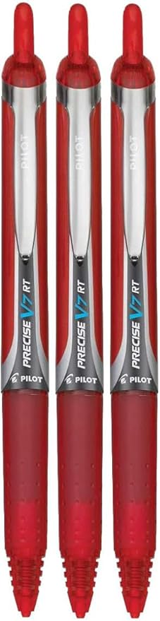 Precise V7 RT Retractable Rolling Ball Pens, Fine Point (.7mm), Red Ink, 3-pk; Premium Comfort Grip, Bundle with Plastic Reusable Pouch