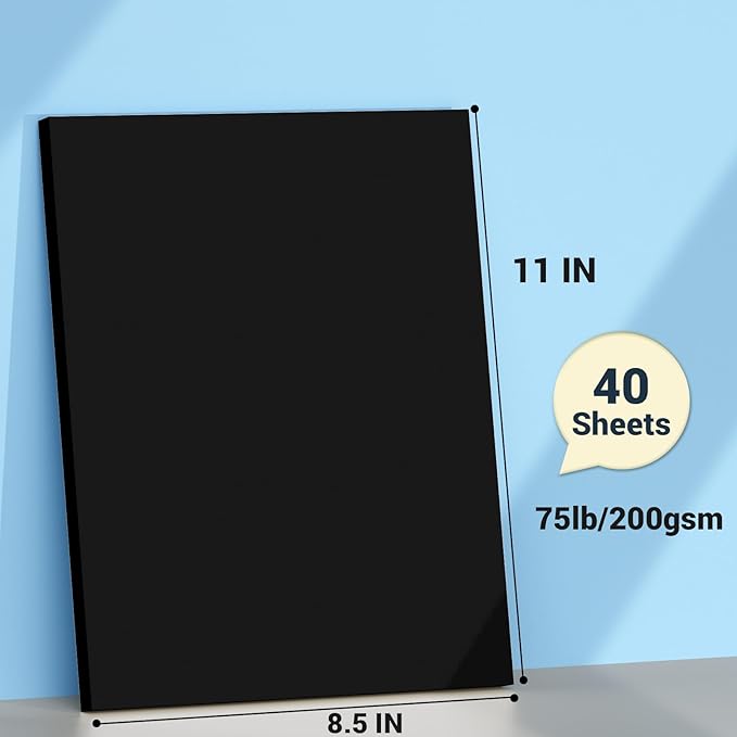 Cardstock 8.5 x 11, Thick Printer Paper 75 lb/200 gsm, 40 Sheets Card Stock Black, Heavy Card stock, Art CardStock Paper for Invitations, Diy Cards, Business Cards, Menus, Crafts, Drawing etc