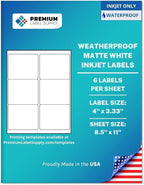 Premium Label Supply Waterproof Matte White Sticker Labels – 4" x 3.33" – Inkjet Printers Only – (6 per Sheet), 100 Sheets - 600 Total Adhesive Labels