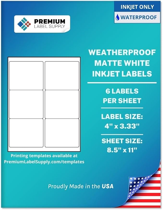 Premium Label Supply Waterproof Matte White Sticker Labels – 4" x 3.33" – Inkjet Printers Only – (6 per Sheet), 500 Sheets - 3,000 Total Adhesive Labels