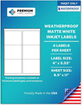 Premium Label Supply Waterproof Matte White Sticker Labels – 4" x 3.33" – Inkjet Printers Only – (6 per Sheet), 1000 Sheets - 6,000 Total Adhesive Labels