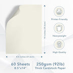 MOS Off-White Legal Cardstock Paper 8.5 x 14 Inch (60 Sheets) — Heavyweight 250 GSM Cover Stock for Certificates, Menus, Legal Documents, Crafts, Printer Compatible