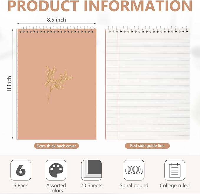 6 Pack 8.5 x 11'' Top Bound Office Steno Book Wide Ruled Double Sided Spiral Notebooks Reliable White Paper 70 Sheets/Pad Pastel Colors Covers for Writing School Notes(Hot Stamping)