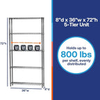 Shelving Inc. 8" d x 36" w x 72" h Chrome Wire Shelving with 5 Tier Shelves, Weight Capacity 800lbs Per Shelf