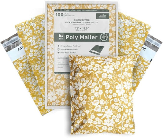 12x15.5 Poly Mailer Envelopes 100 Pcs Large-Sized Colored Designer Shipping Bags For Clothing Cute Mailers Unpadded Self-Sealing Packaging Recyclable Eco-Friendly (Yellow Floral) Mini Wander