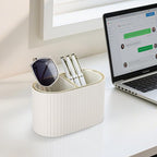 KINGFOM PU Leather Desk Organizer Pen Holder – Dual-Compartment Stylish Pencil Cup Remote Control Holder Desktop Supplies and Accessories Organizer Caddy for Office Home School (Light Beige)