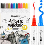 TRANSON 12 Color Bold and Fine Dual-tip Acrylic Paint Pen Set for Canvas Rock Wood Leather Ceramic DIY Painting