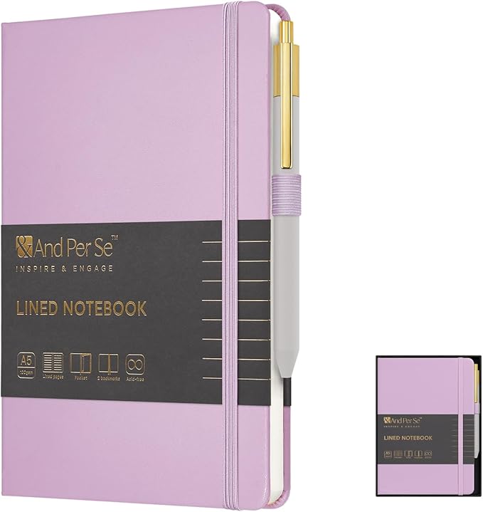 A5 Lined Leather Journal and Pen Set for Women&Men, Gift Box Included, Hardcover Notebook with 160 Pages 100GSM Thick Paper, for Work, Business, School or Home Writing(Purple)