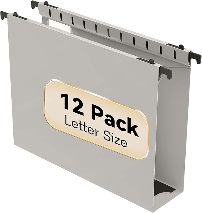 Nordun Extra Capacity Plastic Hanging File Folder Letter Size,12 Pack Reinforced Hang Folders with Heavy Duty 2 Inch Expansion,Durable Hanging Organizer Designed for Bulky Files(Grey)