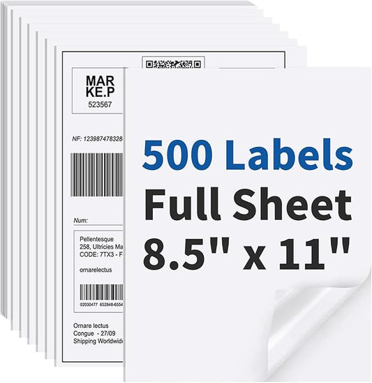 500 Sheets Sticker Paper Matte White, 8.5" x 11" Label Paper for Laser & Inkjet Printer, Full Sheet Label for Shipping Address Mailing