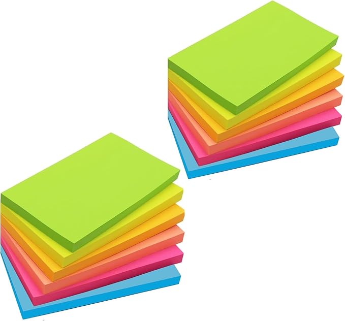 3 in x 5 in Large Sticky Notes, 76 x 127 mm 6 Pads Assorted Self-Stick Pads for Notebook,Office,School and Home,80 Sheets/Pad (12 Pads Brillant)