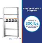 Shelving Inc. 8" d x 36" w x 54" h Chrome Wire Shelving with 5 Tier Shelves, Weight Capacity 800lbs Per Shelf