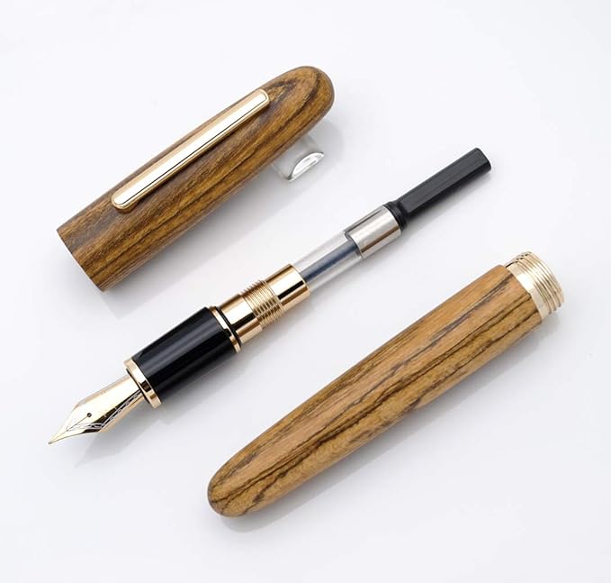 JINHAO 9056 Natural Wood Fountain Pen Handmade Ink Pen (Tiger Wood, Fine Nib 0.5mm)