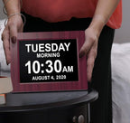 American Lifetime, New Version, Day Clock Extra Large Impaired Vision Digital Clock with Battery Backup and 5 Alarm Options, Premium Mahogany Color, 8 inch