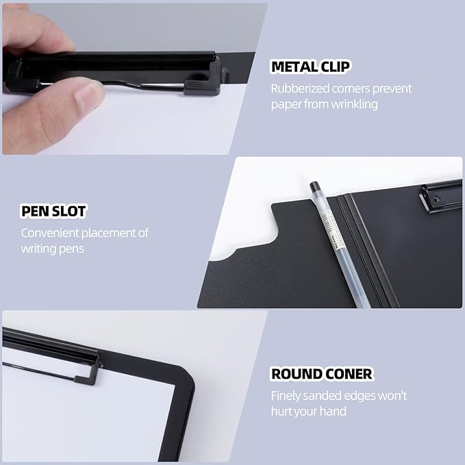 FRETONBA Clipboard Folder, 2 Pcs A4 Foldable Clipboard with Horizontal and Vertical Double Metal Clips, 360 Degree Foldable Binder Clipboards with Pen Holder, File Cover Work Folder Clipboards, Black