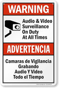 SmartSign 18 x 12 inch “Warning - Audio & Video Surveillance On Duty At All Times” Bilingual Sign, 63 mil Laminated Rustproof Aluminum, Red, Black and White, Made in USA